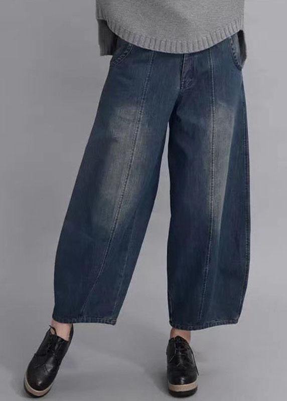 French Navy Button Pockets Casual lantern Fall Denim Pants - Omychic