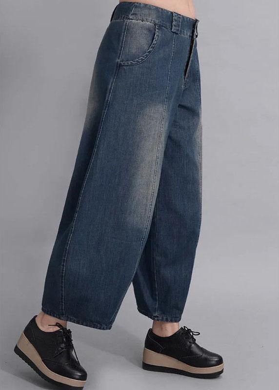 French Navy Button Pockets Casual lantern Fall Denim Pants - Omychic