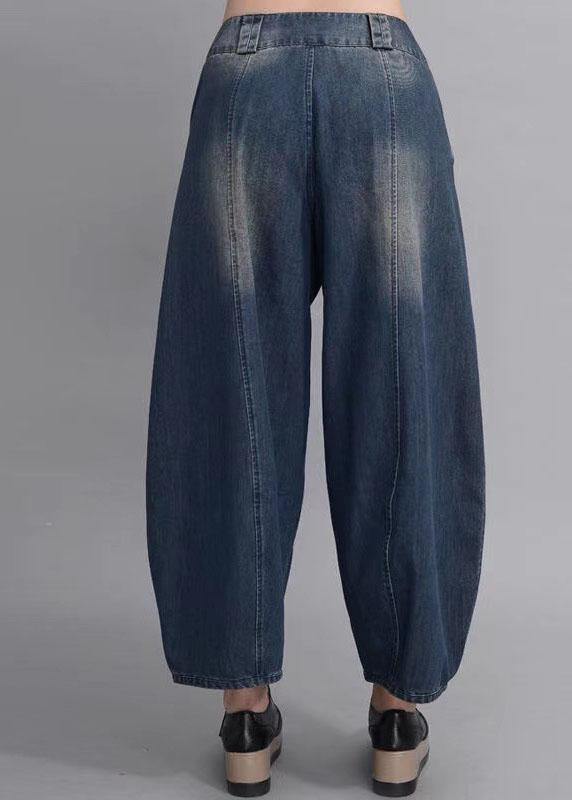 French Navy Button Pockets Casual lantern Fall Denim Pants - Omychic