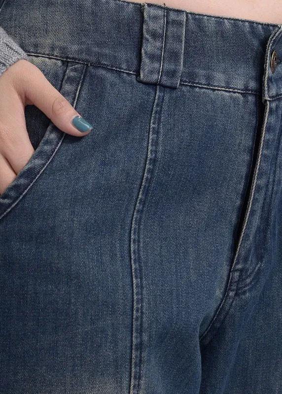 French Navy Button Pockets Casual lantern Fall Denim Pants - Omychic