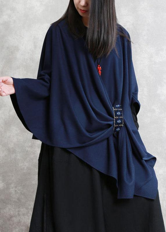 French Navy Embroideried Asymmetrical Design Fall Cloak Sleeves Coat - Omychic