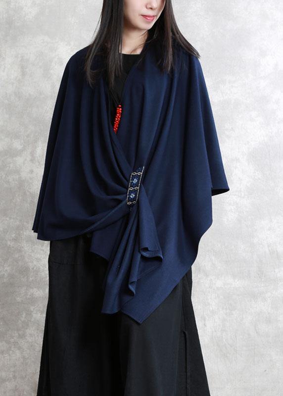 French Navy Embroideried Asymmetrical Design Fall Cloak Sleeves Coat - Omychic