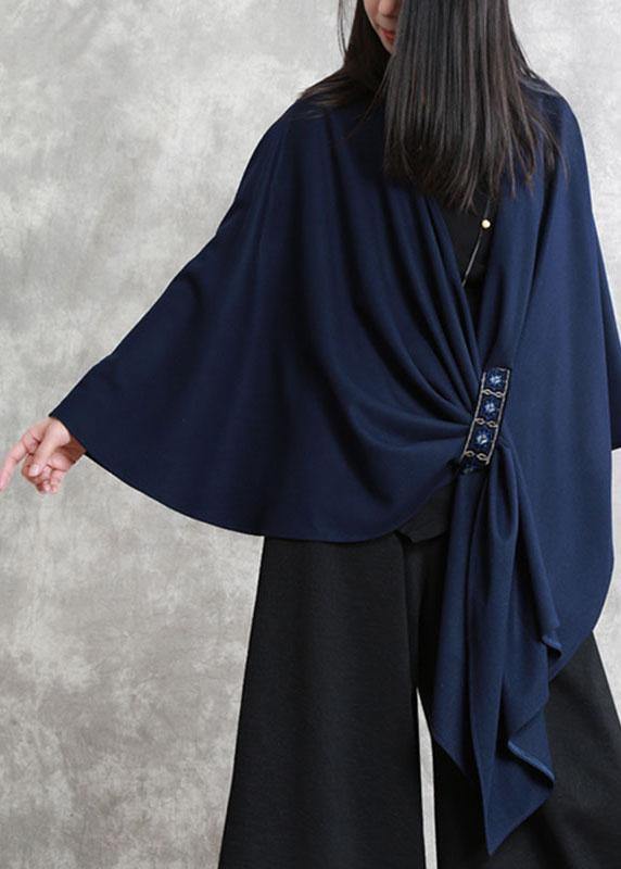 French Navy Embroideried Asymmetrical Design Fall Cloak Sleeves Coat - Omychic