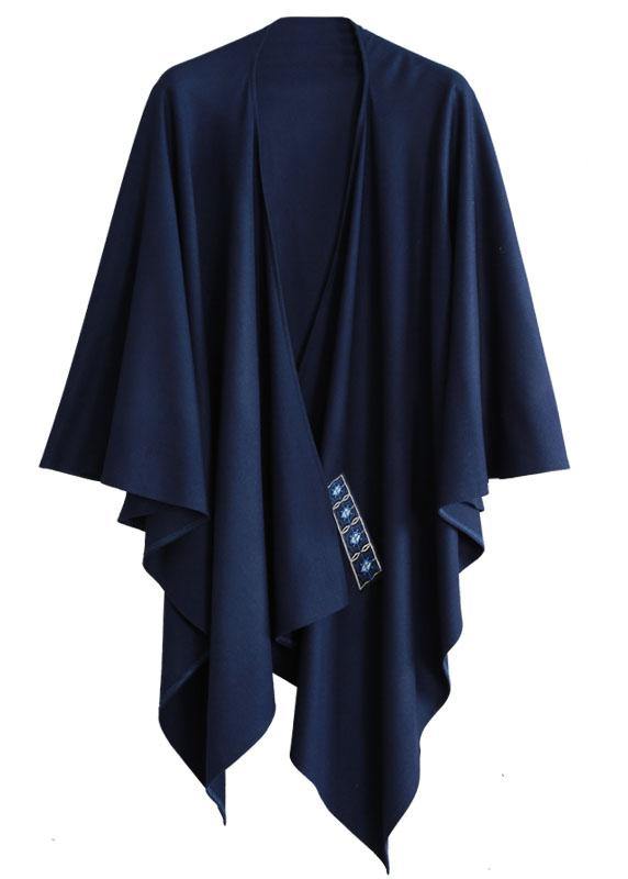 French Navy Embroideried Asymmetrical Design Fall Cloak Sleeves Coat - Omychic