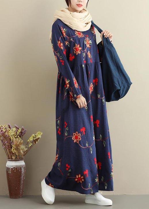 French Navy Embroidery Clothes Women O Neck Long Dresses - Omychic