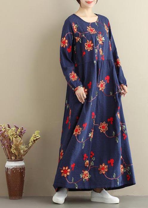 French Navy Embroidery Clothes Women O Neck Long Dresses - Omychic