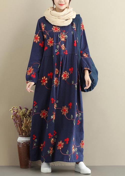 French Navy Embroidery Clothes Women O Neck Long Dresses - Omychic