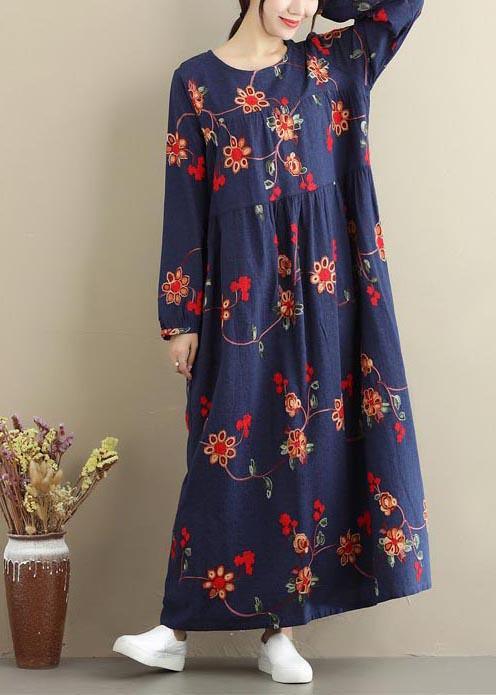 French Navy Embroidery Clothes Women O Neck Long Dresses - Omychic