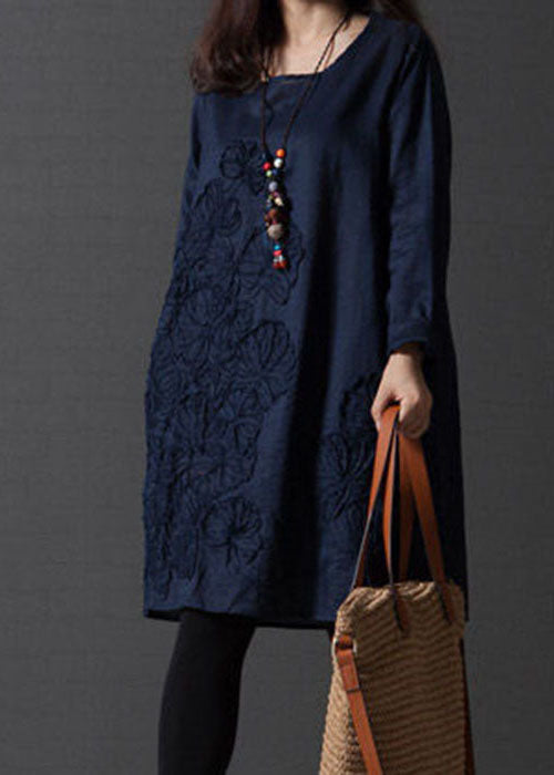 French Navy O-Neck Embroideried Linen Vacation Dresses Spring