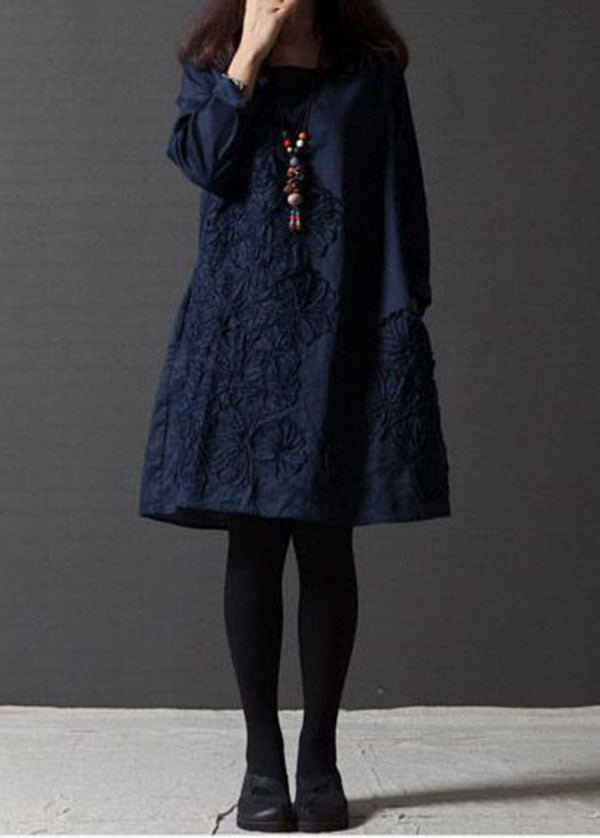 French Navy O-Neck Embroideried Linen Vacation Dresses Spring