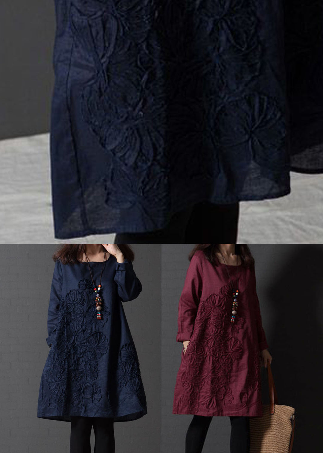 French Navy O-Neck Embroideried Linen Vacation Dresses Spring