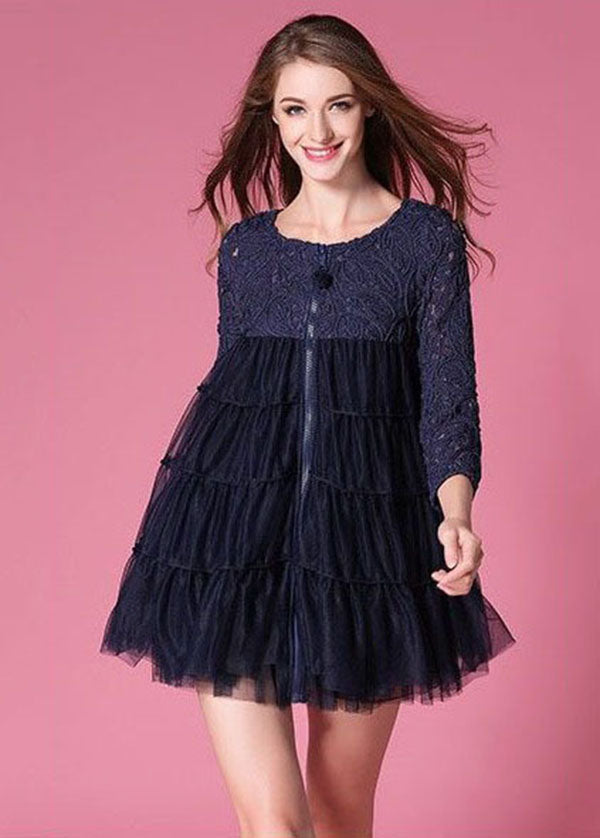 French Navy O-Neck Lace Patchwork Hollow Out Tulle Coat Bracelet Sleeve