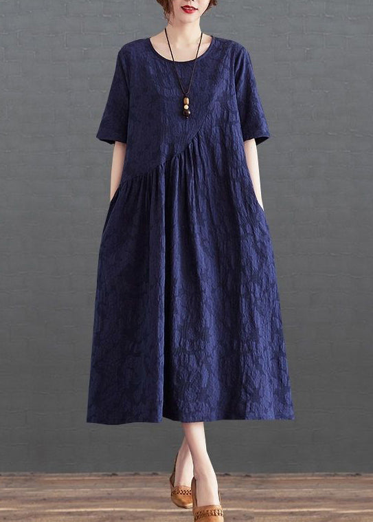 French Navy O-Neck Patchwork Wrinkled Cotton Long Dress Summer