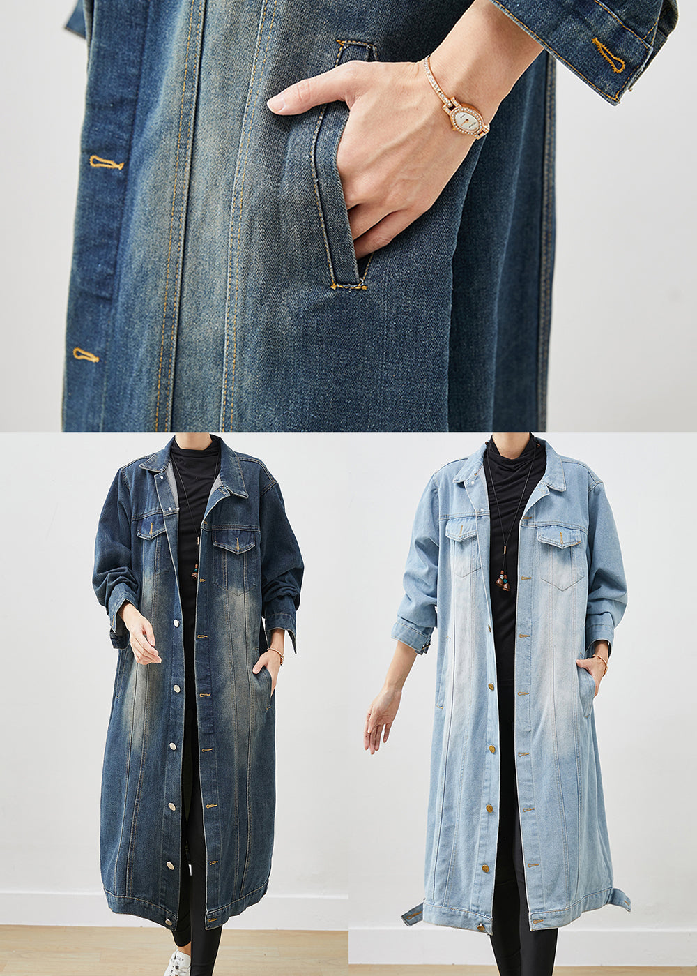 French Navy Oversized Button Down Denim Trench Spring