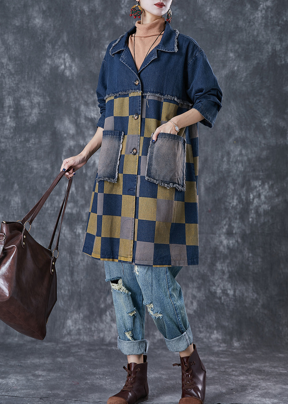 French Navy Oversized Patchwork Plaid Denim Coats Fall