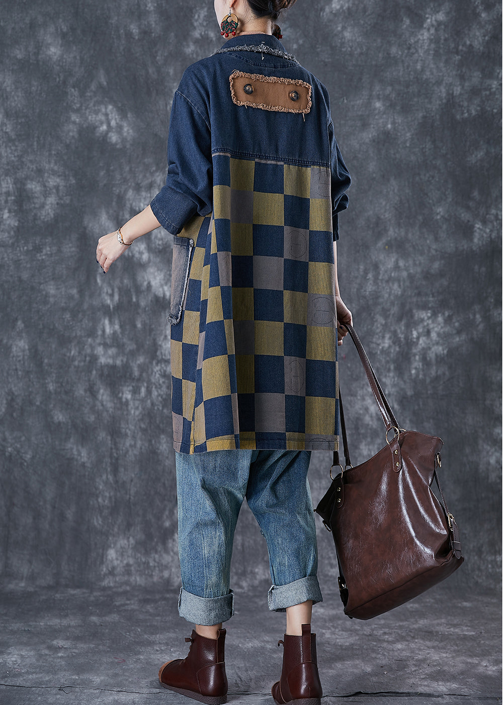 French Navy Oversized Patchwork Plaid Denim Coats Fall