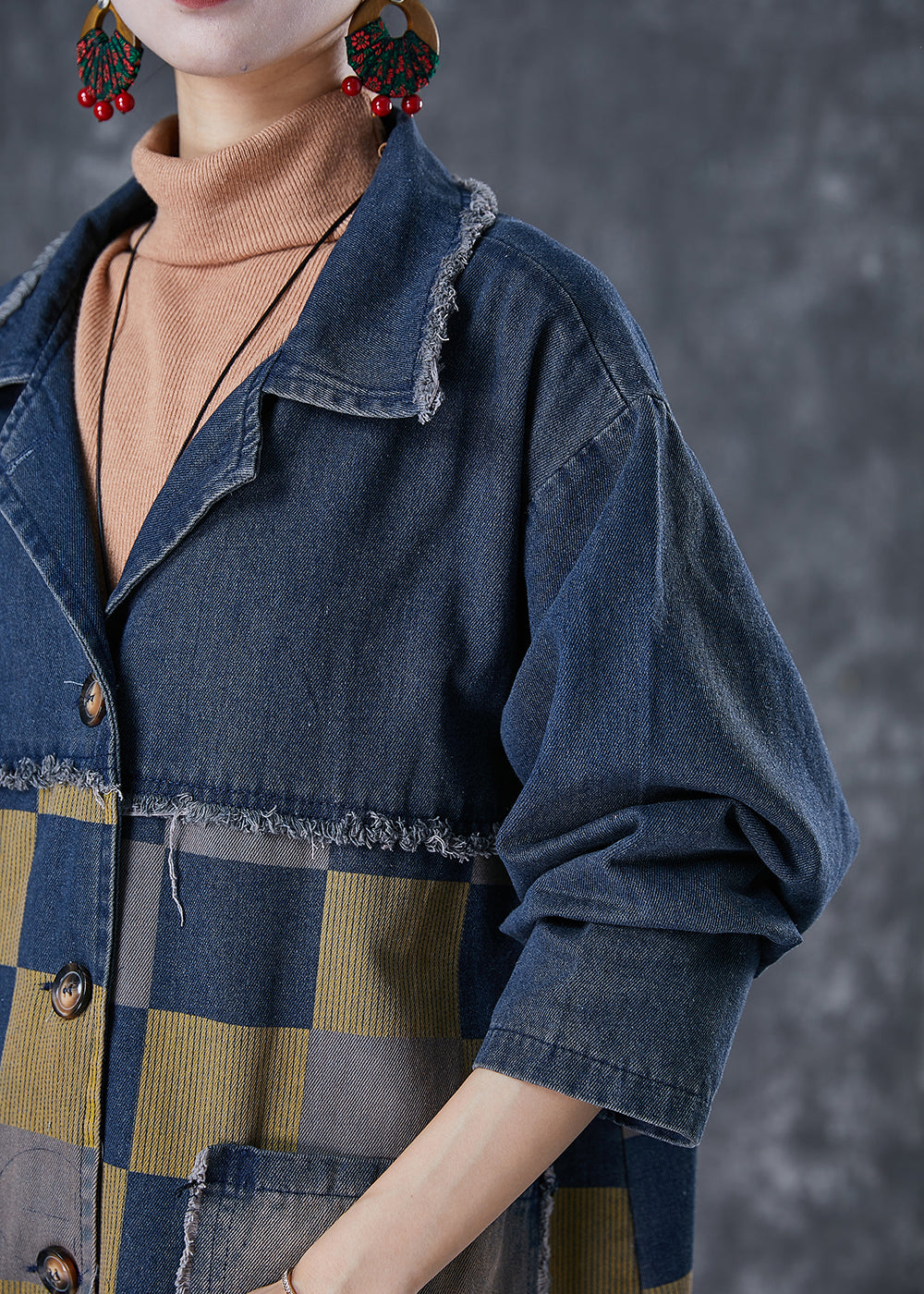 French Navy Oversized Patchwork Plaid Denim Coats Fall