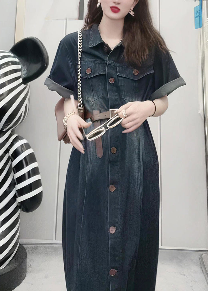 French Navy Peter Pan Collar Patchwork Button Denim Maxi Dress Summer