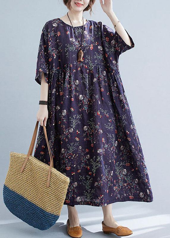 French Navy Print Pockets Loose Summer Half Sleeve Long Dress - Omychic