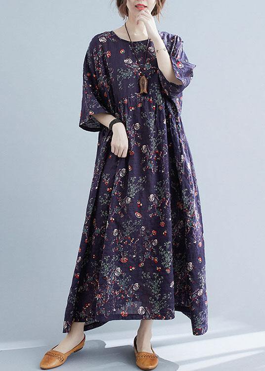 French Navy Print Pockets Loose Summer Half Sleeve Long Dress - Omychic