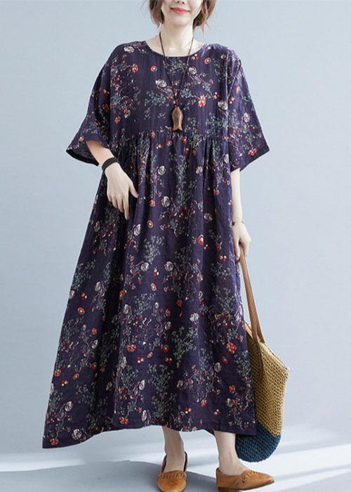 French Navy Print Pockets Loose Summer Half Sleeve Long Dress - Omychic