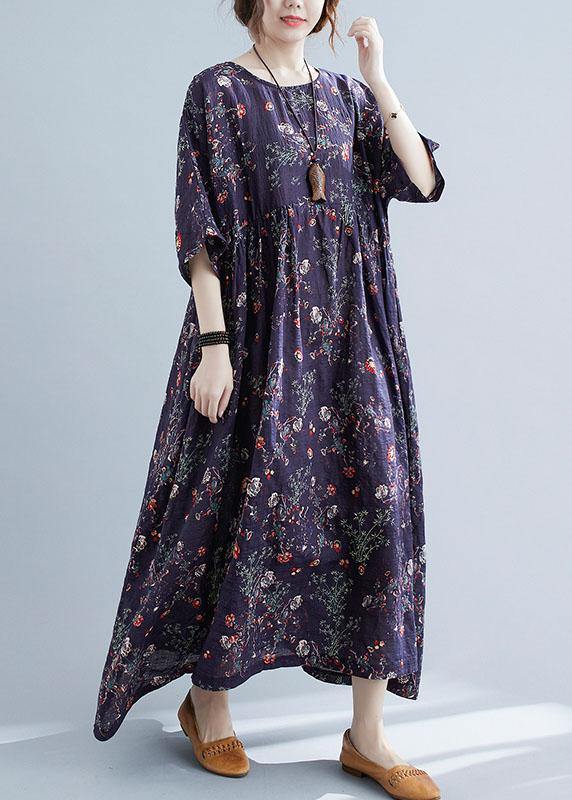 French Navy Print Pockets Loose Summer Half Sleeve Long Dress - Omychic