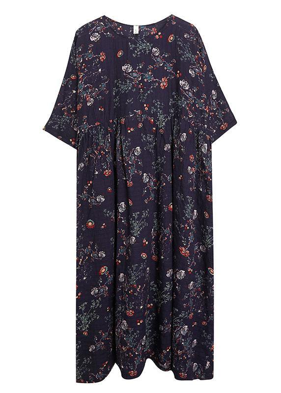 French Navy Print Pockets Loose Summer Half Sleeve Long Dress - Omychic