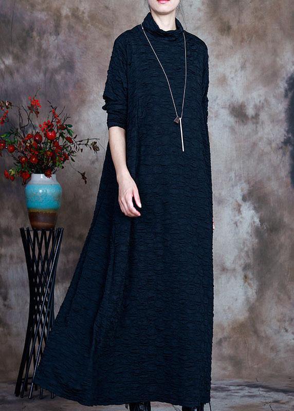 French Navy Turtleneck Circle asymmetrical design  Fall Long sleeve Long Dresses - Omychic