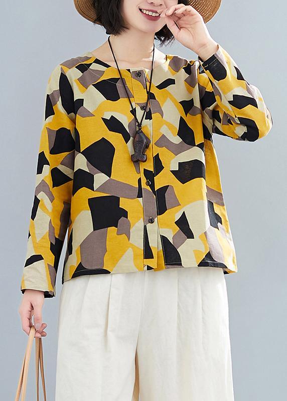 French O Neck Button Down Shirts Inspiration Yellow Geometric Top - Omychic
