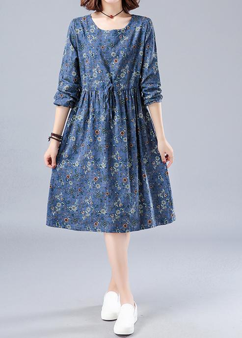 French O Neck Drawstring Spring Dresses Wardrobes Blue Print Dress - Omychic