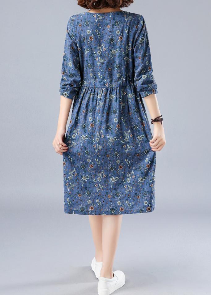 French O Neck Drawstring Spring Dresses Wardrobes Blue Print Dress - Omychic