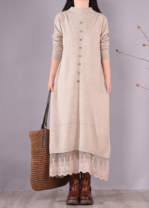 French O Neck Patchwork Lace Spring Clothes For Women Sewing Beige Robe Dresses