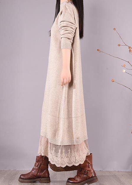 French O Neck Patchwork Lace Spring Clothes For Women Sewing Beige Robe Dresses