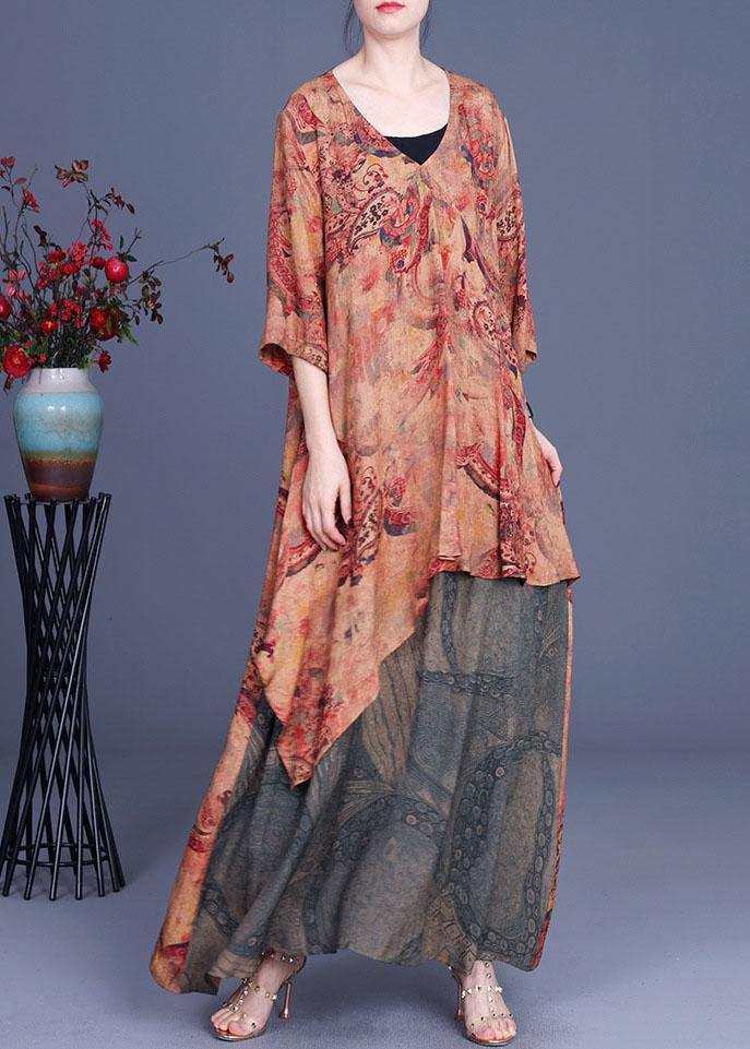 French Orange Asymmetrical V Neck Print Summer Chiffon Summer Dress Half Sleeve - Omychic