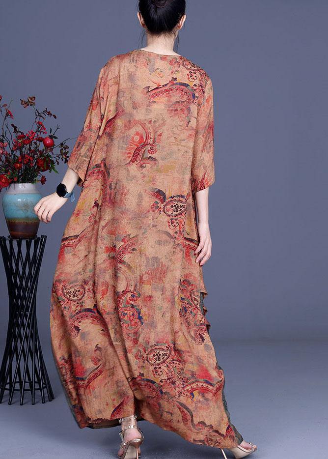 French Orange Asymmetrical V Neck Print Summer Chiffon Summer Dress Half Sleeve - Omychic