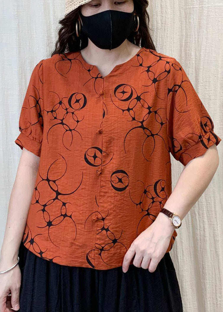 French Orange Oversized Print Linen Shirt Tops Summer