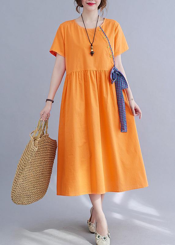 French Orange Patchwork Button Party Summer Cotton Linen Dress - Omychic