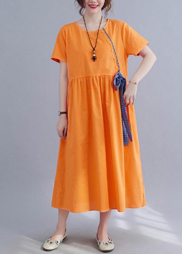 French Orange Patchwork Button Party Summer Cotton Linen Dress - Omychic