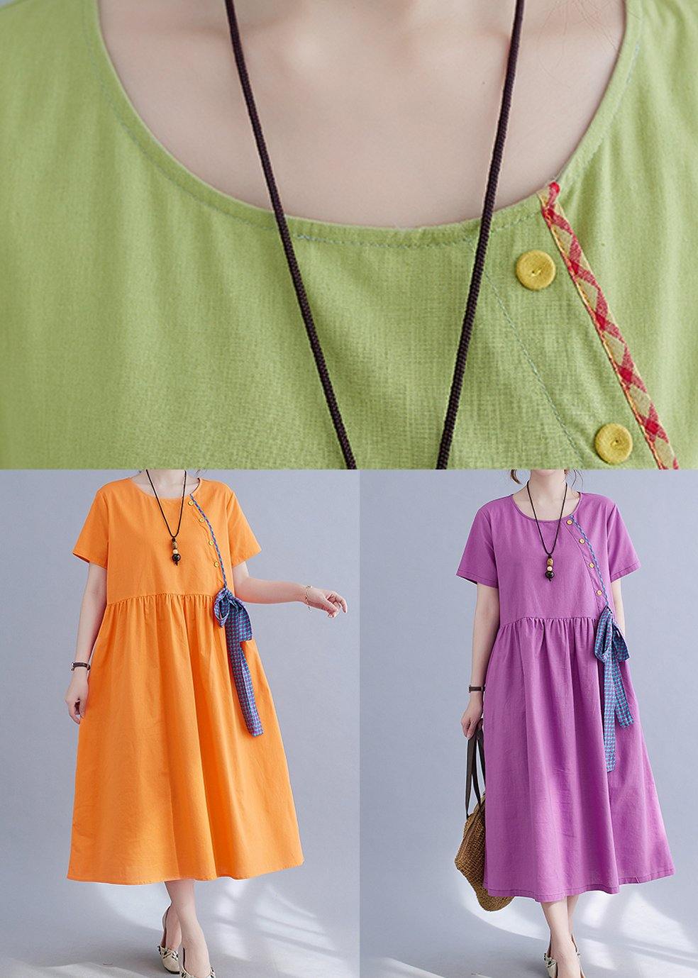 French Orange Patchwork Button Party Summer Cotton Linen Dress - Omychic