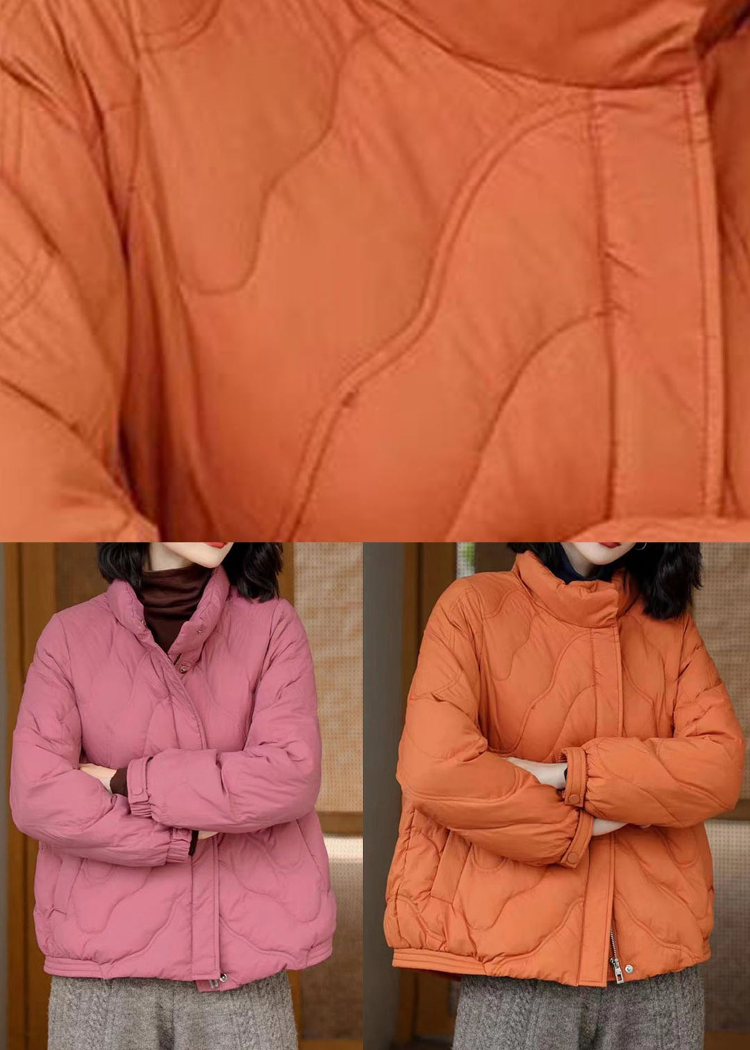 French Orange Stand Collar Zip Up Duck Down Jackets Winter