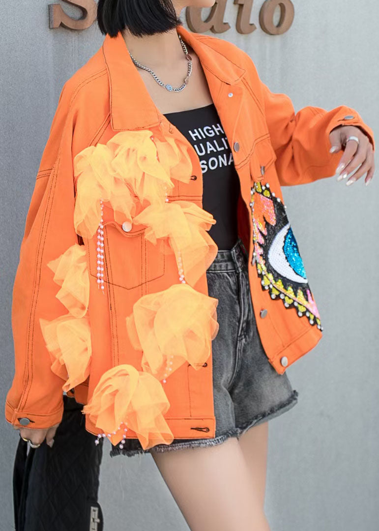 French Orange Tulle Pockets Sequins Nail Bead Patchwork Denim Coat Spring