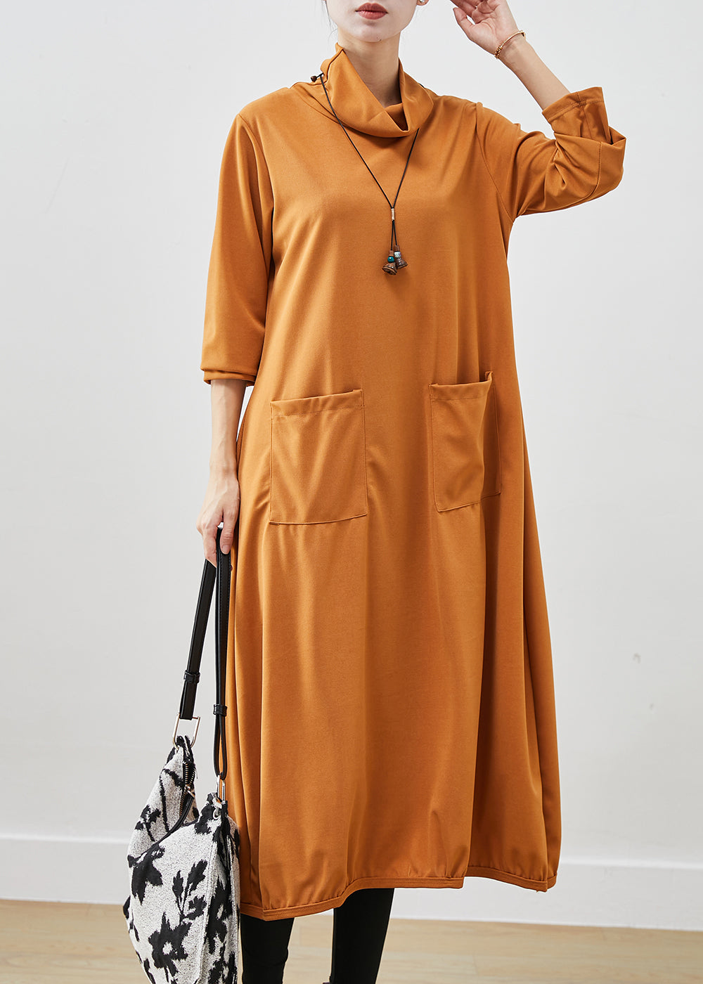 French Orange Turtle Neck Warm Fleece Robe Dresses Fall