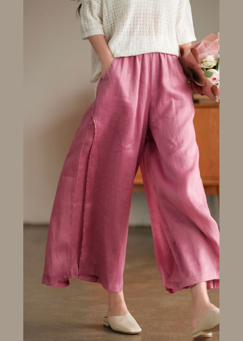 French Pink Elastic Waist Pockets Linen Wide Leg Pants Summer