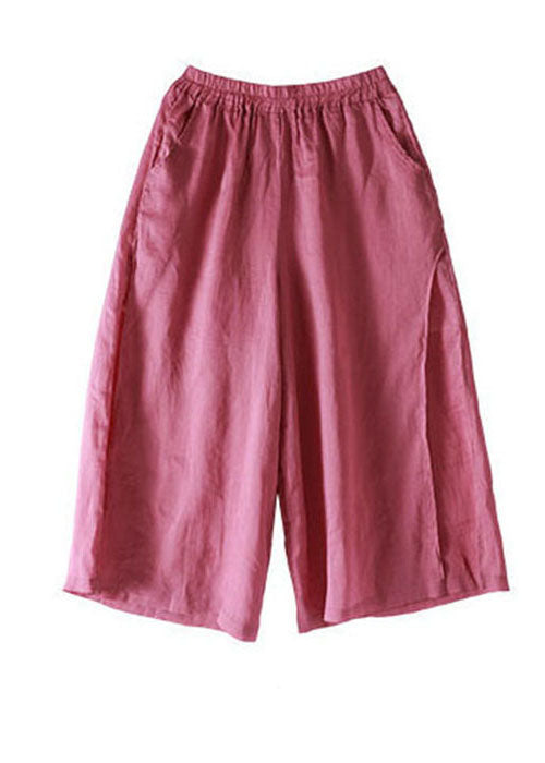 French Pink Elastic Waist Pockets Linen Wide Leg Pants Summer
