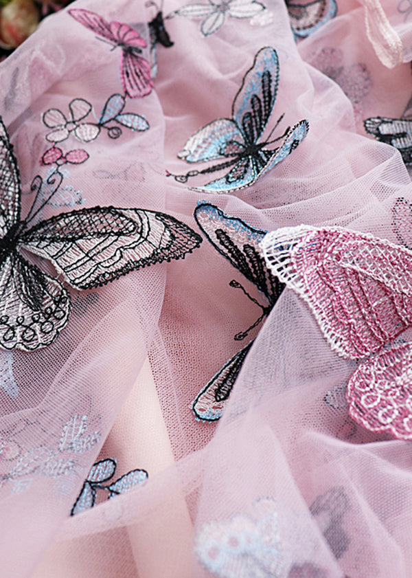 French Pink Embroidered Butterfly High Waist Tulle Skirt Spring