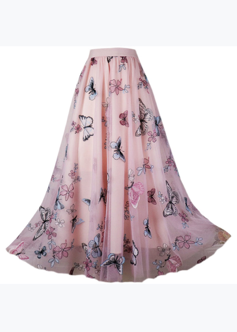 French Pink Embroidered Butterfly High Waist Tulle Skirt Spring