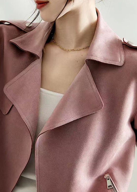 French Pink Lapel Oversized Faux Suede Jacket Fall