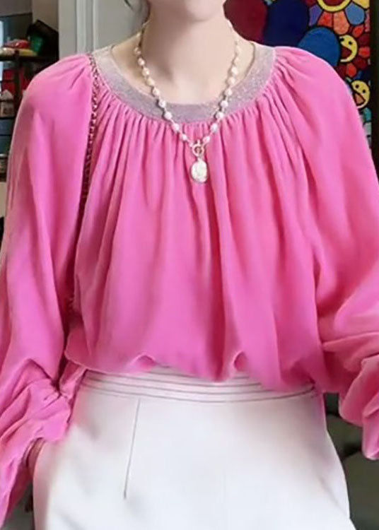 French Pink O Neck Wrinkled Patchwork Velour Shirt Tops Spring