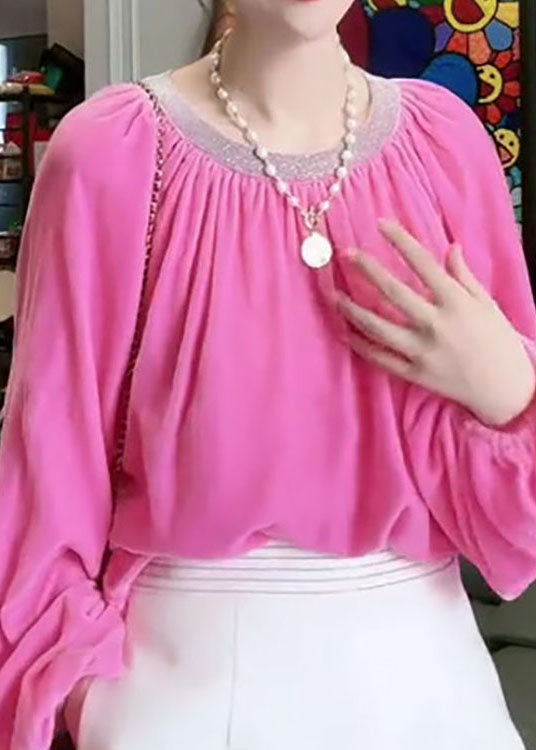 French Pink O Neck Wrinkled Patchwork Velour Shirt Tops Spring