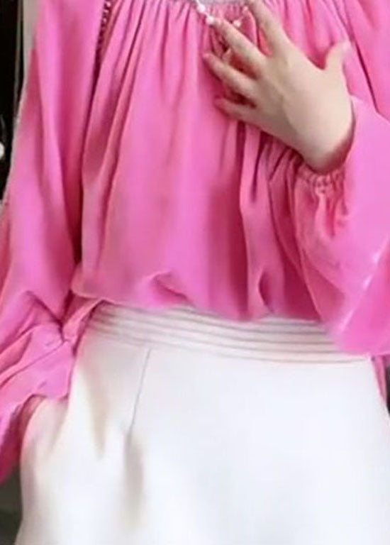 French Pink O Neck Wrinkled Patchwork Velour Shirt Tops Spring